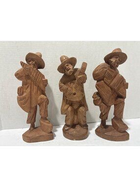 vintage hand-carved wooden Musician set of 3 figurines sculptures of musicians